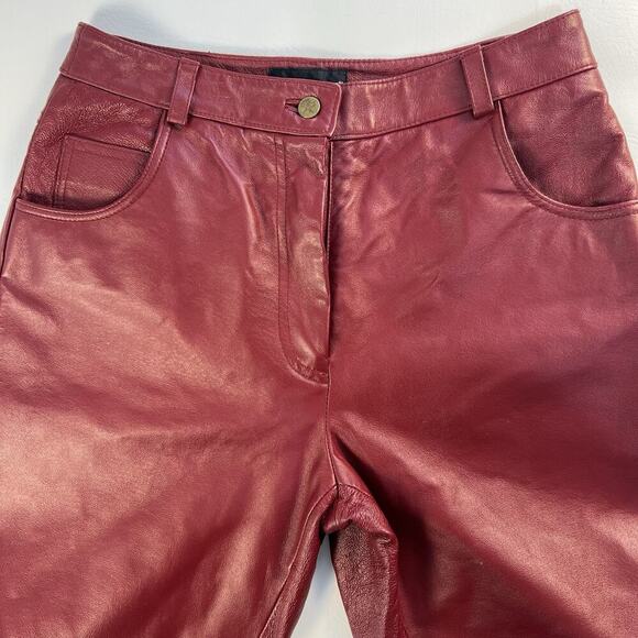 Metrostyle Women's Red Leather Flat Front Wide Leg 5 Pocket Chino Pants Size 4 - Picture 3 of 11